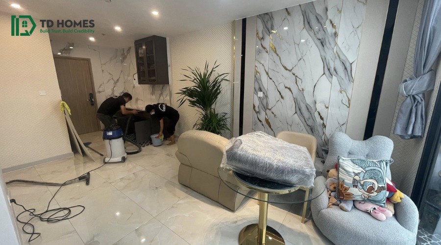 Không gian phòng khách sau cải tạo tại Vinhomes Grand Park Quận 9